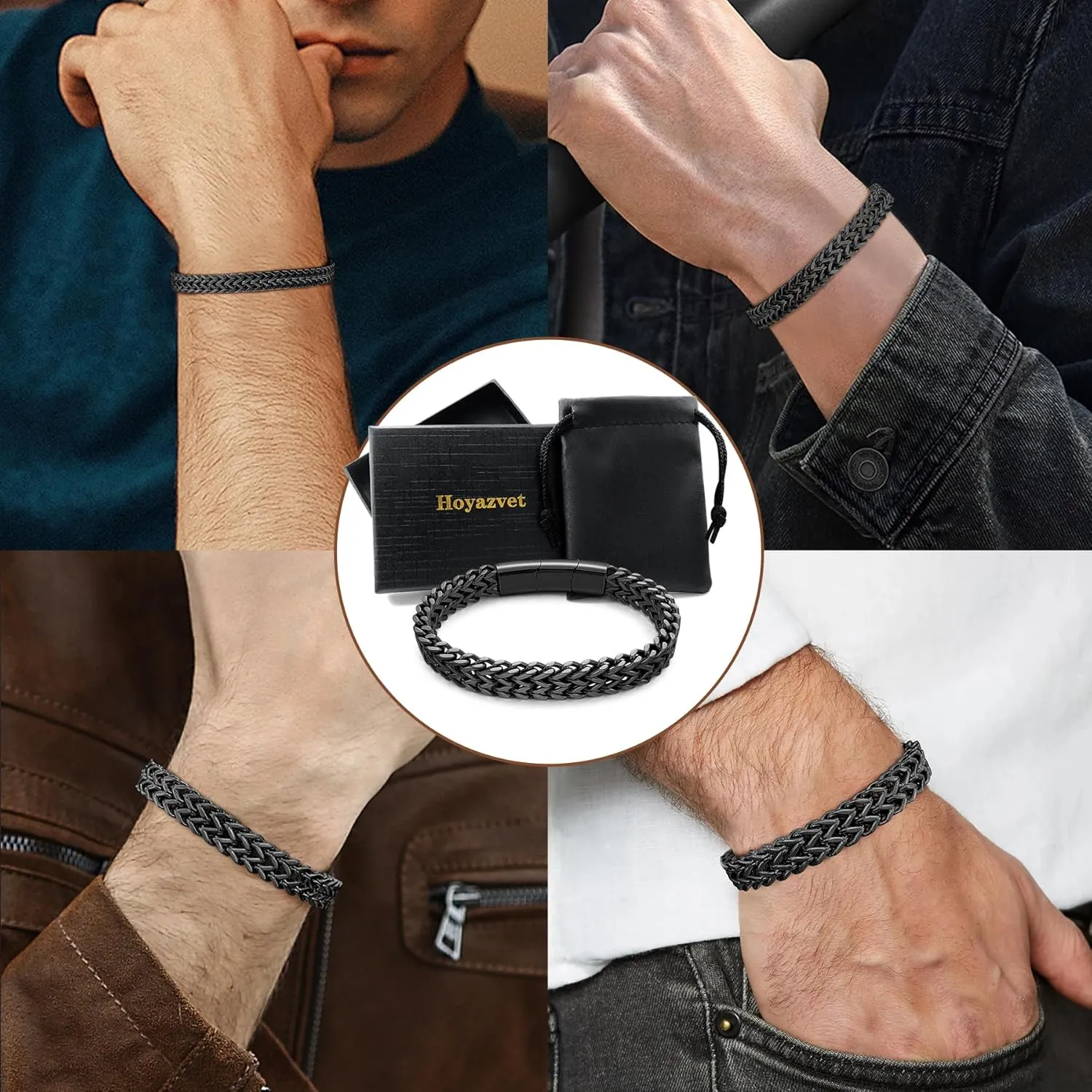 Stainless Steel Franco Chain Bracelets for Men - 6mm/8mm/10mm/12mm Width, 7.5"/8.3" Length, Black & 18K Metal, Durable and Adjustable Cuban Link Bracelet