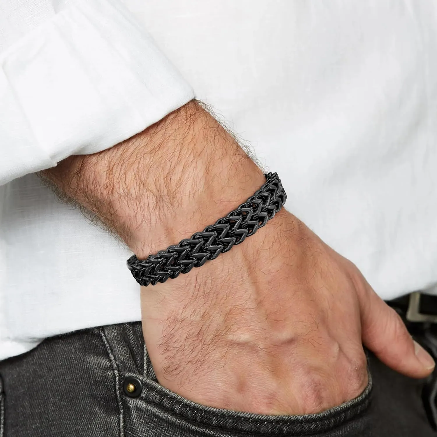 Stainless Steel Franco Chain Bracelets for Men - 6mm/8mm/10mm/12mm Width, 7.5"/8.3" Length, Black & 18K Metal, Durable and Adjustable Cuban Link Bracelet