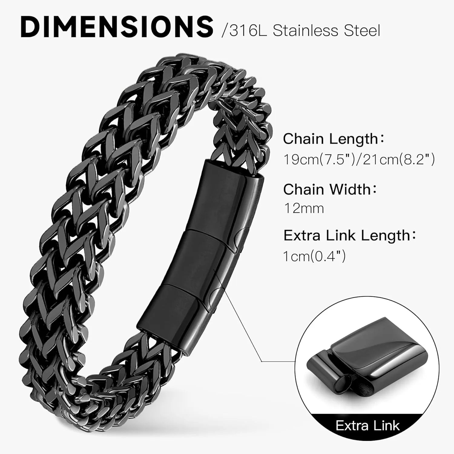 Stainless Steel Franco Chain Bracelets for Men - 6mm/8mm/10mm/12mm Width, 7.5"/8.3" Length, Black & 18K Metal, Durable and Adjustable Cuban Link Bracelet