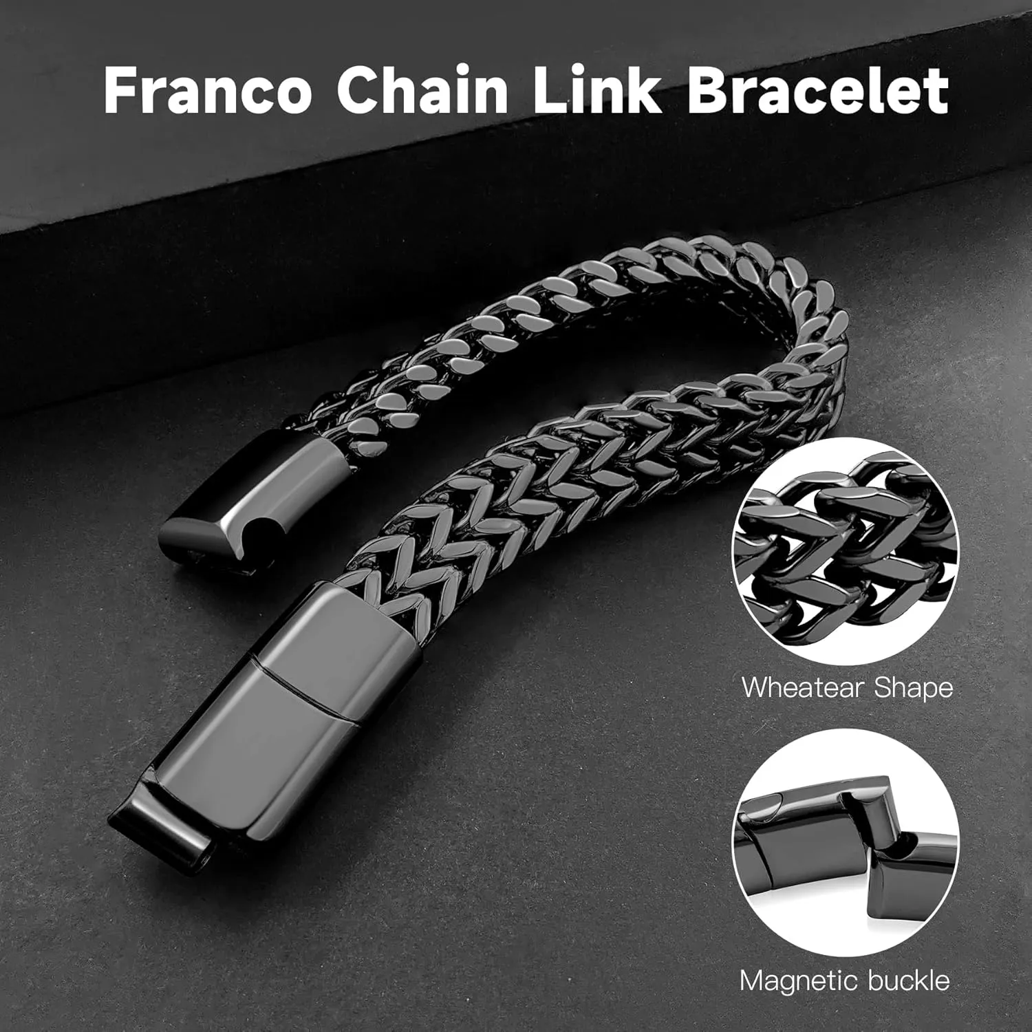 Stainless Steel Franco Chain Bracelets for Men - 6mm/8mm/10mm/12mm Width, 7.5"/8.3" Length, Black & 18K Metal, Durable and Adjustable Cuban Link Bracelet