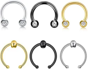 Stainless Steel Silver Black, and Gold Nose Rings with Gemstone Accents, Set of 6