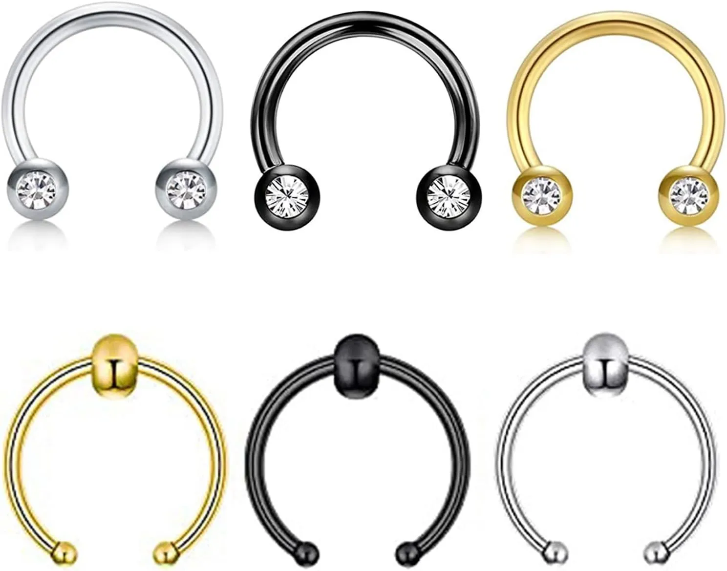 Stainless Steel Silver Black, and Gold Nose Rings with Gemstone Accents, Set of 6