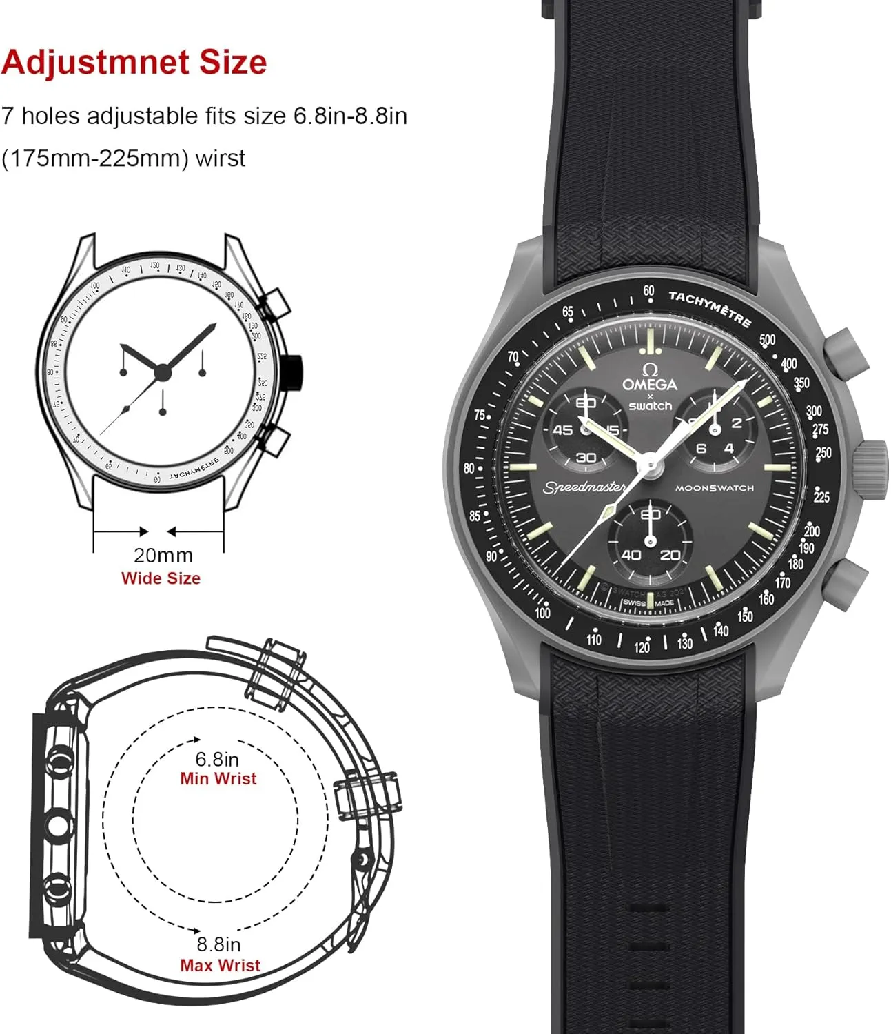 Stanchev - Omega, Swatch, Speedmaster 20mm Watch Band, No Gap, Soft Silicone, for Men and Women