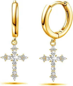 Sterling Silver Cross Earrings for Women 14K Gold CZ Cross Dangle Hoop Earrings Cuff Cartilage Hypoallergenic Sparkling Cross Huggie Earrings For Men Women Easter Jewelry Gifts Birthda