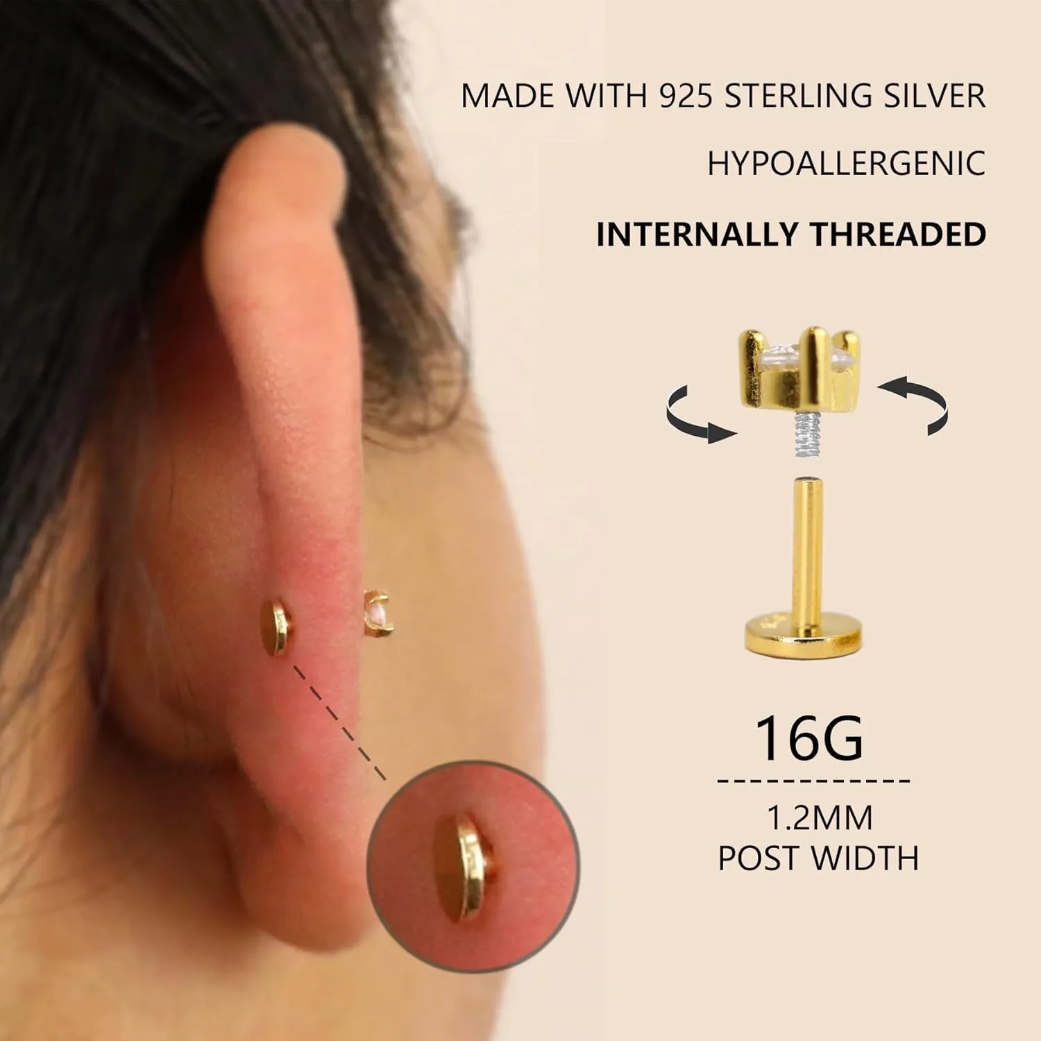 Sterling Silver Flat Back Stud Earrings 16G Cartilage Earring Internally Threaded Earrings Piercing Tragus Earrings for Women