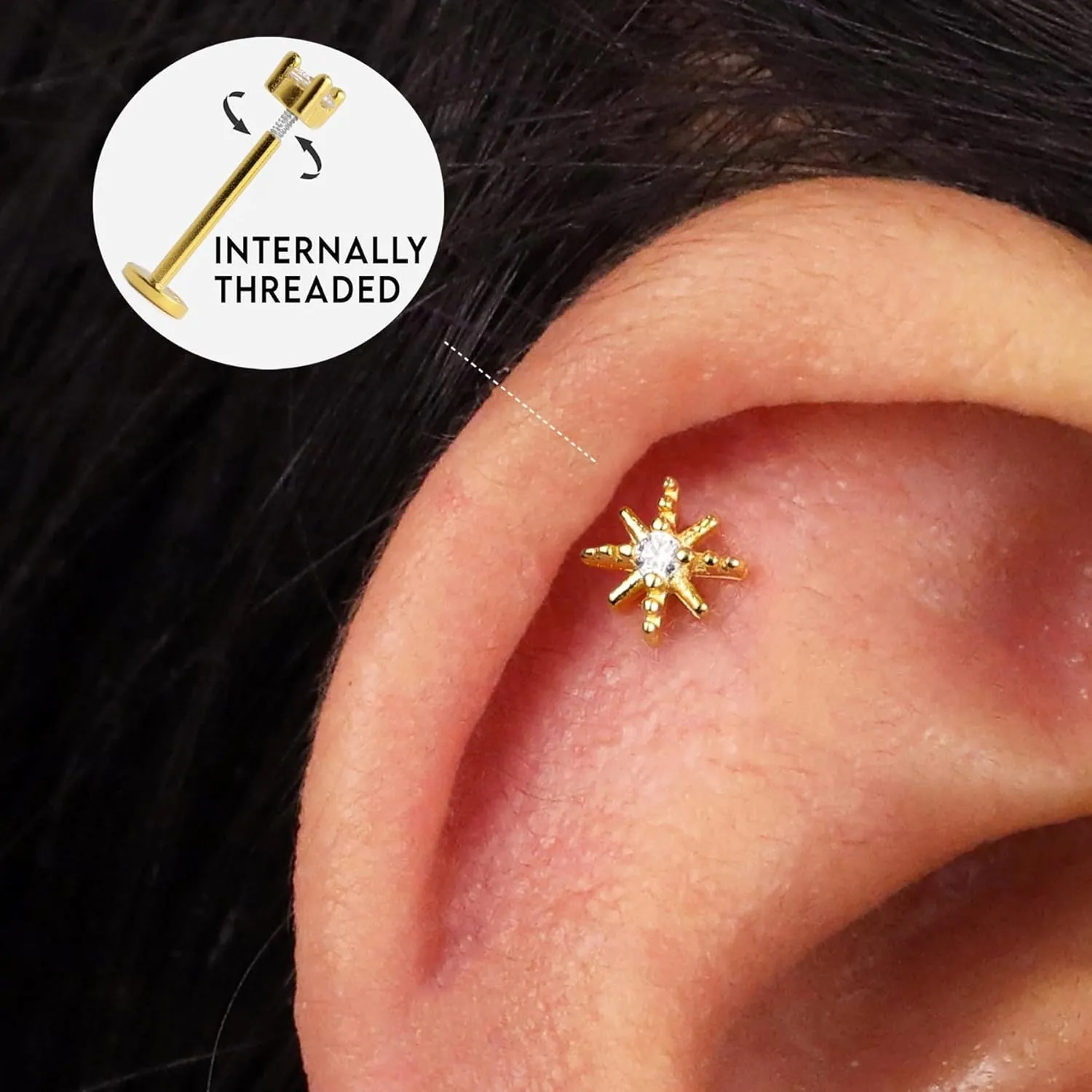 Sterling Silver Flat Back Stud Earrings 16G Cartilage Earring Internally Threaded Earrings Piercing Tragus Earrings for Women
