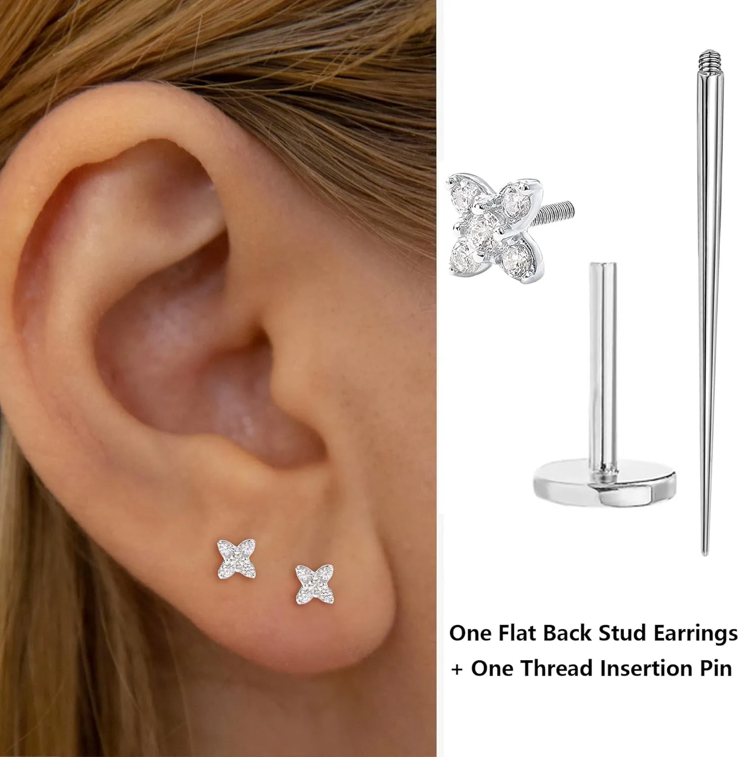 Sterling Silver Flat Back Stud Earrings 16G Cartilage Earring Internally Threaded Earrings Piercing Tragus Earrings for Women