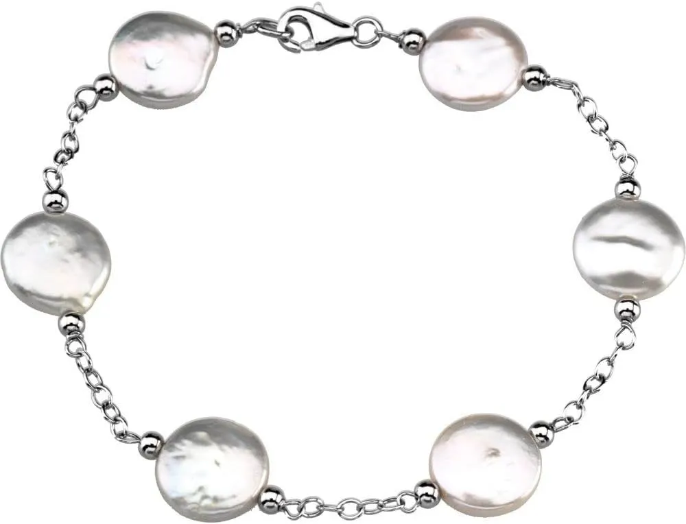 Sterling Silver Freshwater Cultured White Coin Pearl Station Bracelet Fine Jewelry for Women Gifts for Her