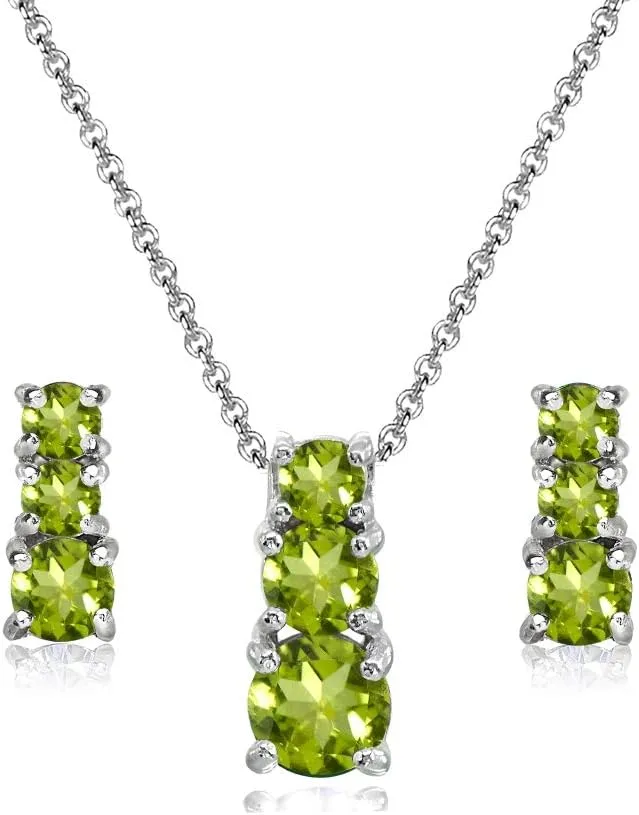 Sterling Silver Genuine or Synthetic Gemstone Round Graduating Three Stone Stud Earrings & Necklace Set