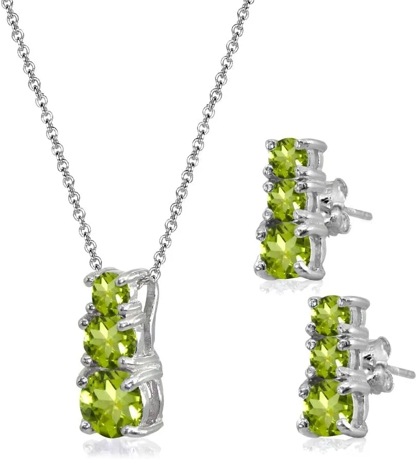 Sterling Silver Genuine or Synthetic Gemstone Round Graduating Three Stone Stud Earrings & Necklace Set
