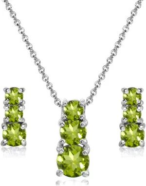 Sterling Silver Genuine or Synthetic Gemstone Round Graduating Three Stone Stud Earrings & Necklace Set