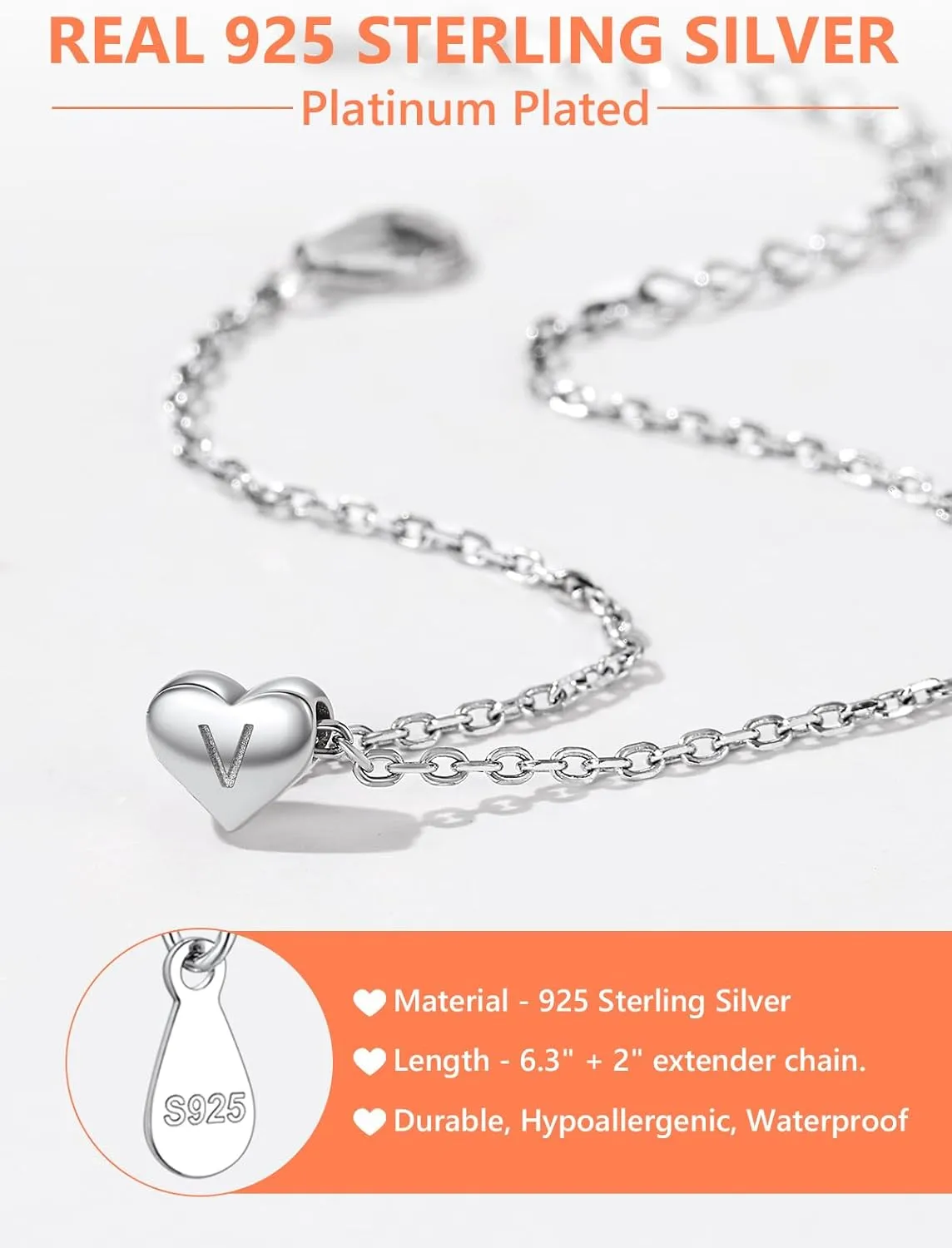 Sterling Silver Heart Letter Bracelets Silver Initial 18K White Gold Plated Bracelet Initial Charm 18K White Gold Plated Dainty Bracelet Jewelry Women Teen Couples Girlfriend