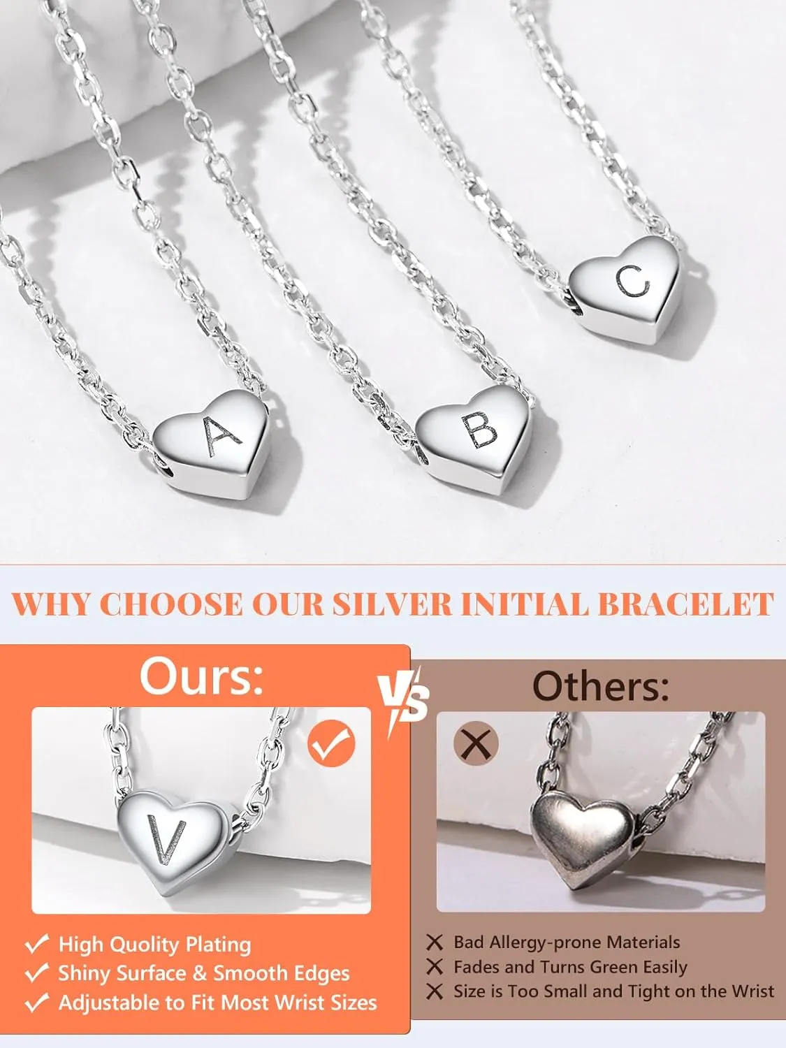 Sterling Silver Heart Letter Bracelets Silver Initial 18K White Gold Plated Bracelet Initial Charm 18K White Gold Plated Dainty Bracelet Jewelry Women Teen Couples Girlfriend