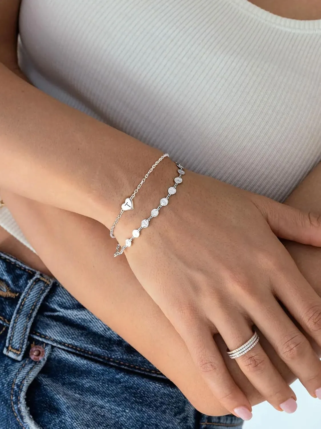 Sterling Silver Heart Letter Bracelets Silver Initial 18K White Gold Plated Bracelet Initial Charm 18K White Gold Plated Dainty Bracelet Jewelry Women Teen Couples Girlfriend