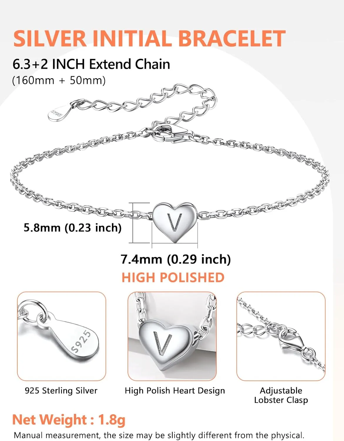 Sterling Silver Heart Letter Bracelets Silver Initial 18K White Gold Plated Bracelet Initial Charm 18K White Gold Plated Dainty Bracelet Jewelry Women Teen Couples Girlfriend
