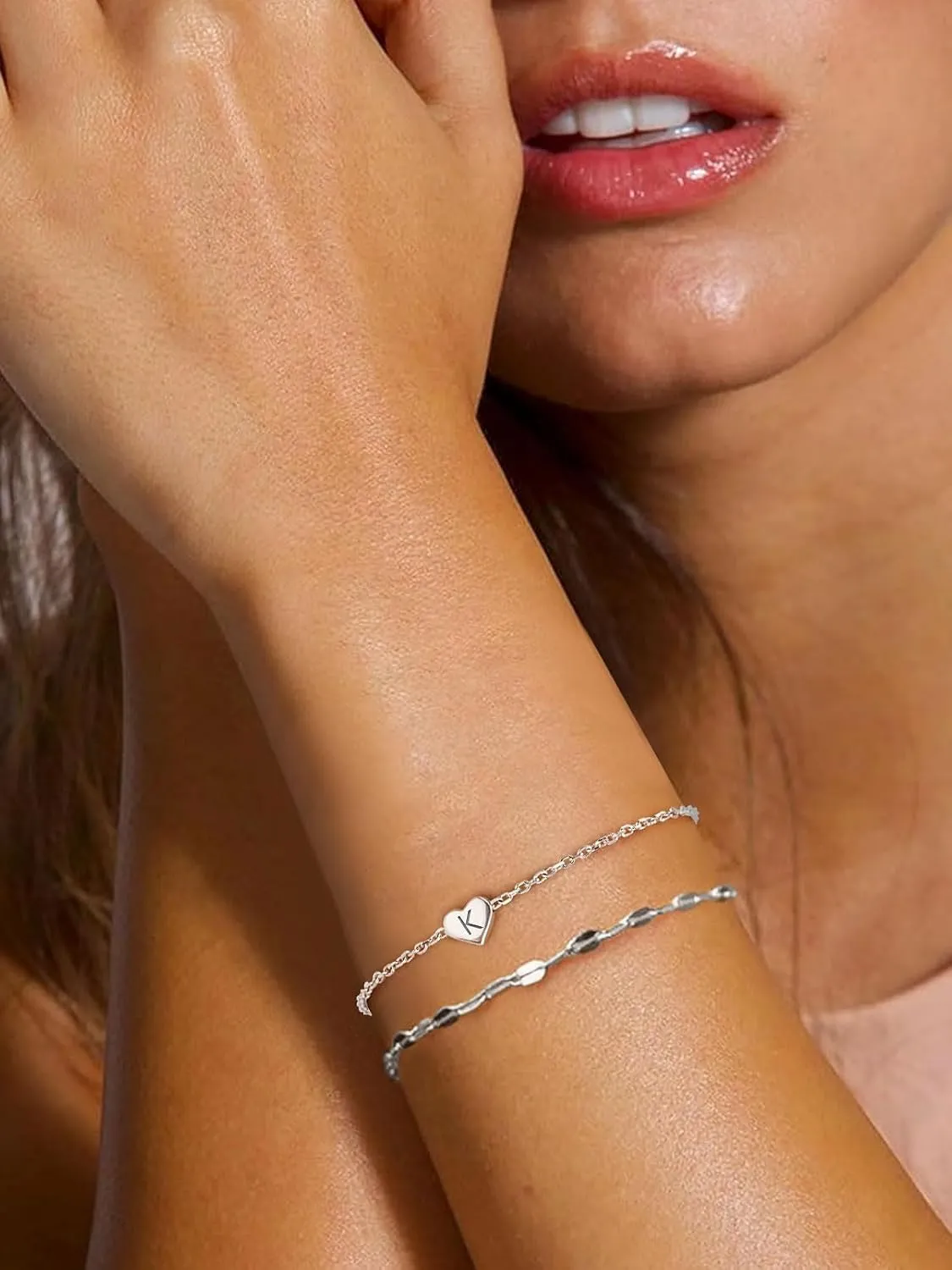 Sterling Silver Heart Letter Bracelets Silver Initial 18K White Gold Plated Bracelet Initial Charm 18K White Gold Plated Dainty Bracelet Jewelry Women Teen Couples Girlfriend