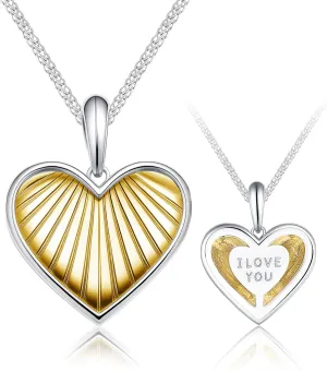 Sterling Silver Heart Pendant Necklace for Women, Double-Sided Gold Accent "I LOVE YOU" Charm, Romantic Jewelry Gift for Her