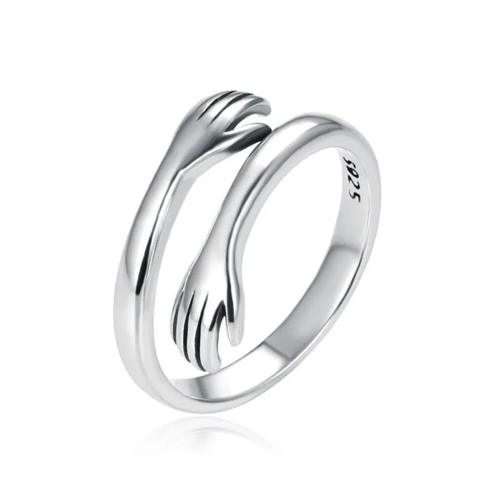 Sterling Silver Hug Ring Adjustable Ring Stackable Ring Hugging Hand Ring Promise Ring Couple Ring Friendship Ring Bestfriend Gift Girls Ring (Rose Gold, 4)