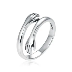 Sterling Silver Hug Ring Adjustable Ring Stackable Ring Hugging Hand Ring Promise Ring Couple Ring Friendship Ring Bestfriend Gift Girls Ring (Rose Gold, 4)