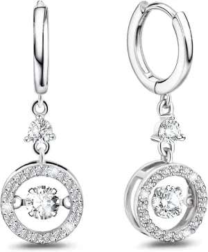 Sterling Silver Huggie Hoop Earrings with Charms Dancing Diamond Drop Dangle Earrings for Women Round Halo CZ Sparkling Dangle Hoop Earrings Clear Crystals Fashion Jewelry Gifts for Daughter Birthday