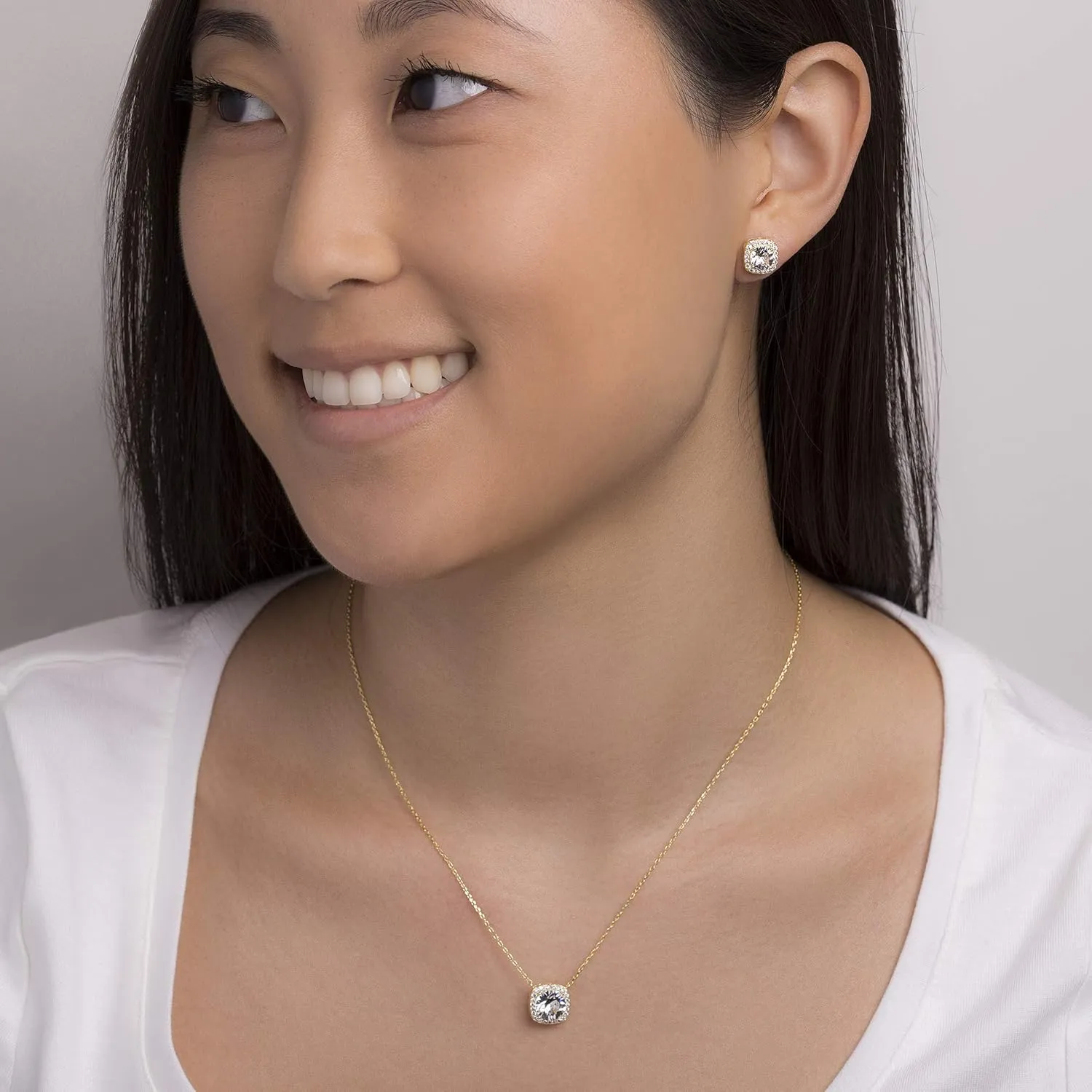 Stud Halo Cushion Shaped Earrings for Women and 18 Inch Necklace for Women Jewelry Set made with Faceted Crystals