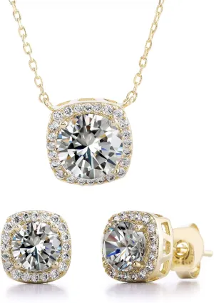 Stud Halo Cushion Shaped Earrings for Women and 18 Inch Necklace for Women Jewelry Set made with Faceted Crystals