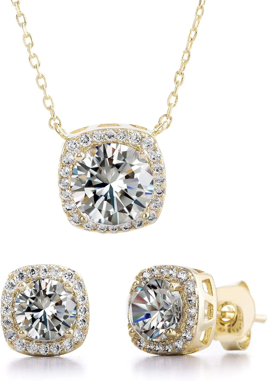 Stud Halo Cushion Shaped Earrings for Women and 18 Inch Necklace for Women Jewelry Set made with Faceted Crystals
