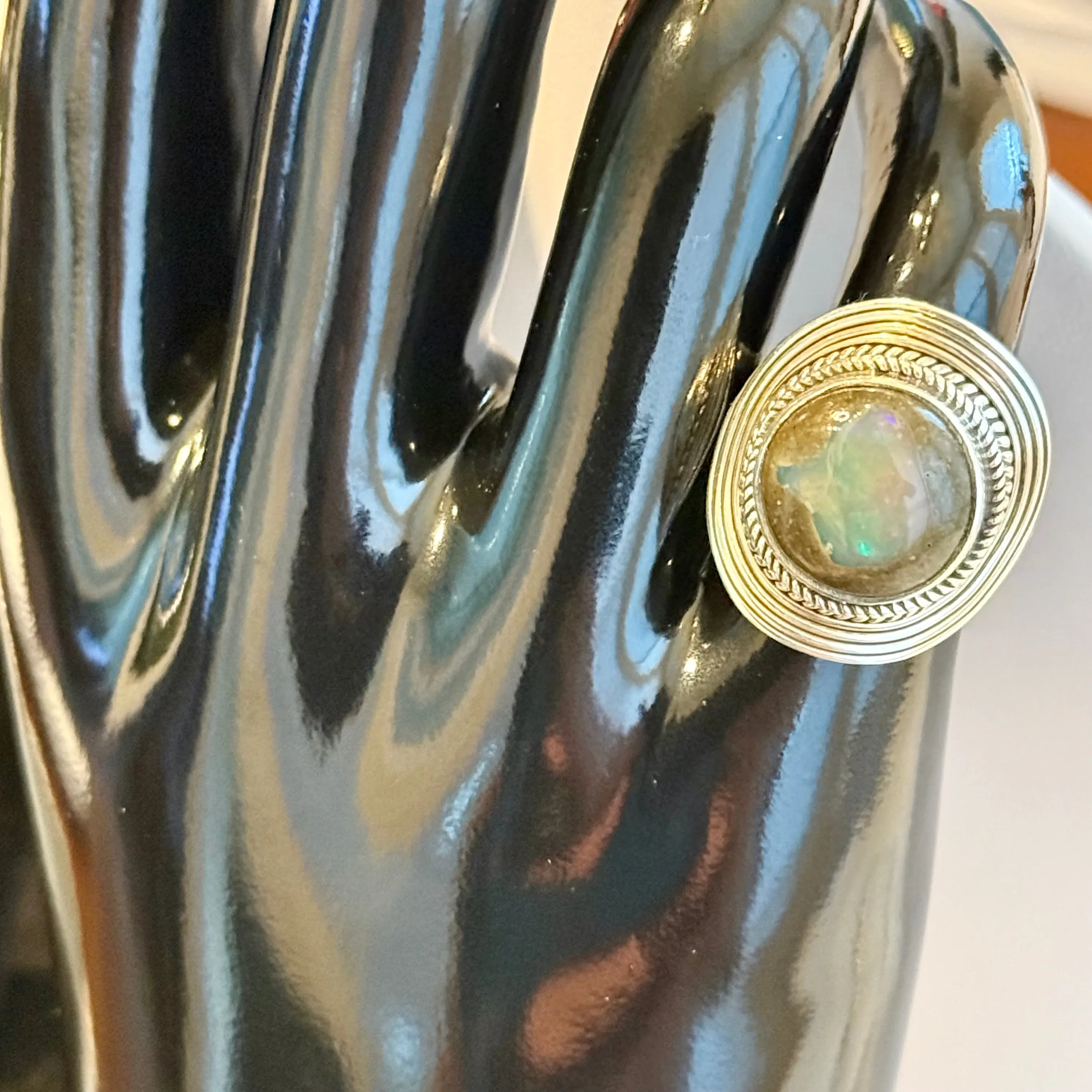 Stunning Boulder Opal Ring Southwestern Curved Circle Framed Sterling Silver