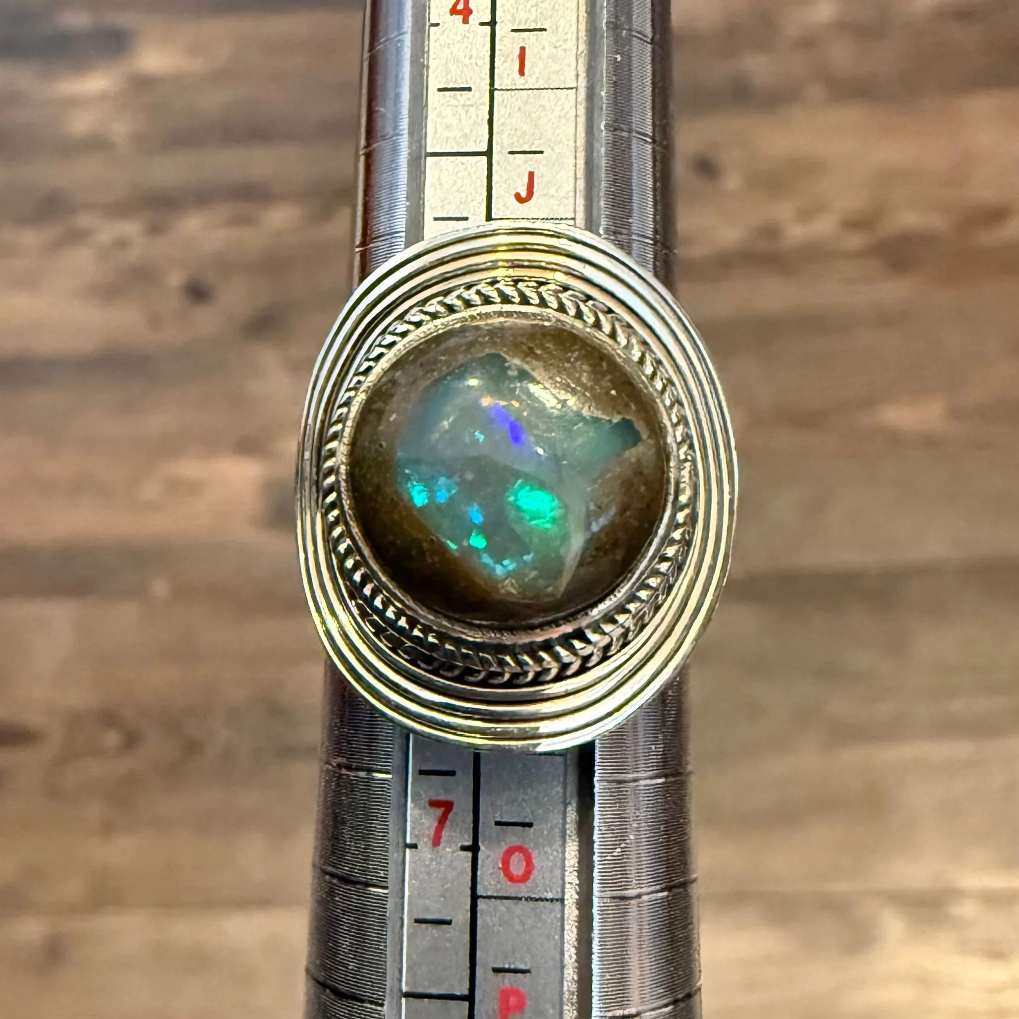 Stunning Boulder Opal Ring Southwestern Curved Circle Framed Sterling Silver