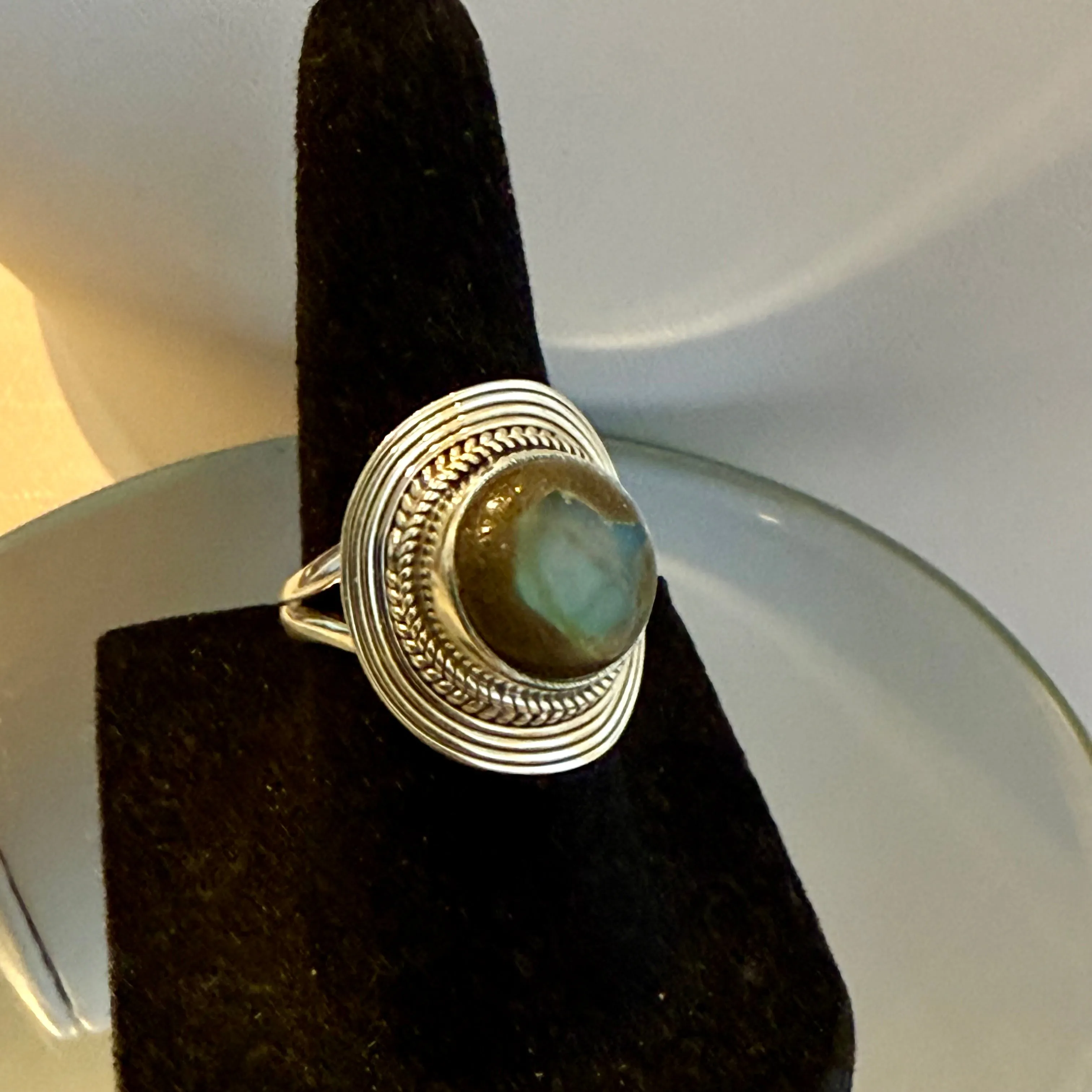 Stunning Boulder Opal Ring Southwestern Curved Circle Framed Sterling Silver