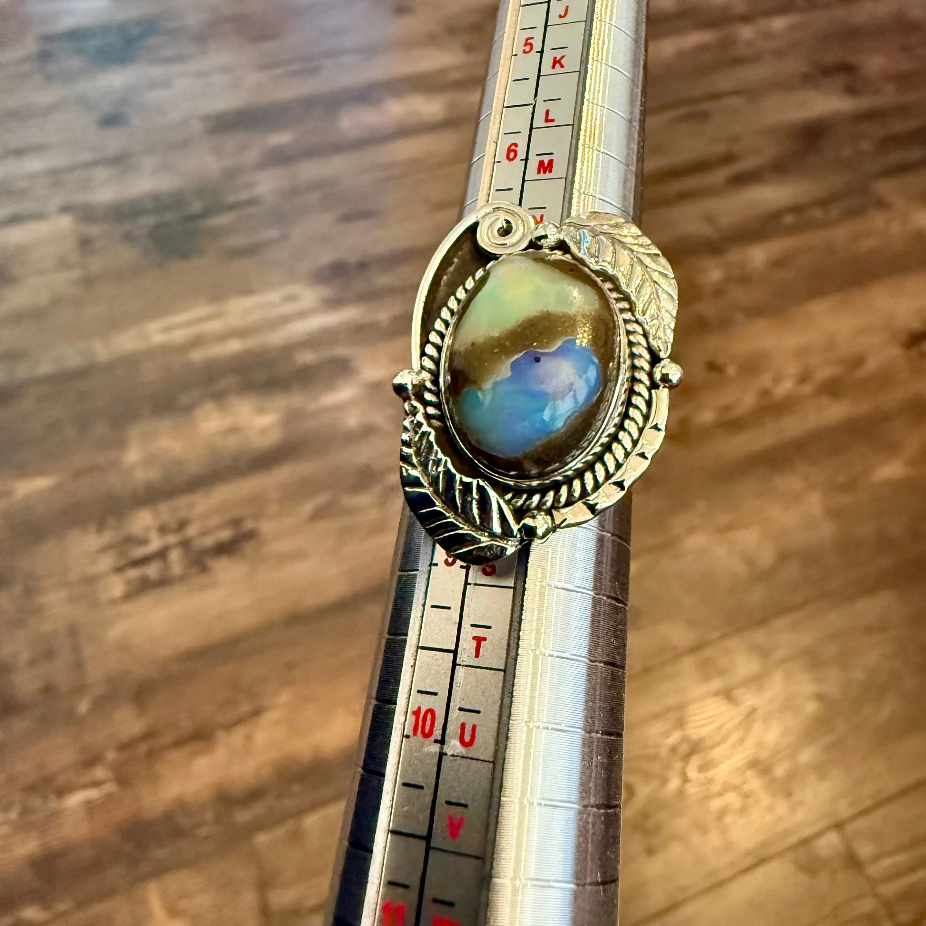 Stunning Cantera Boulder Opal Ring Southwestern Oval Leaf Framed Sterling Silver