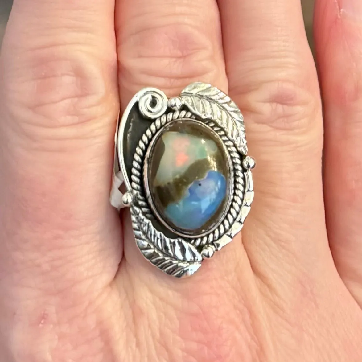 Stunning Cantera Boulder Opal Ring Southwestern Oval Leaf Framed Sterling Silver