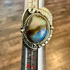 Stunning Cantera Boulder Opal Ring Southwestern Oval Leaf Framed Sterling Silver