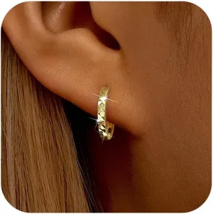 SUYACS 14K Gold Plated Diamond-cut Round Hoop Earrings for Women Dainty Irregular Huggie Earring Lightweight Hypoallergenic Earring Jewelry Birthday Wedding Gifts for Mom Wife