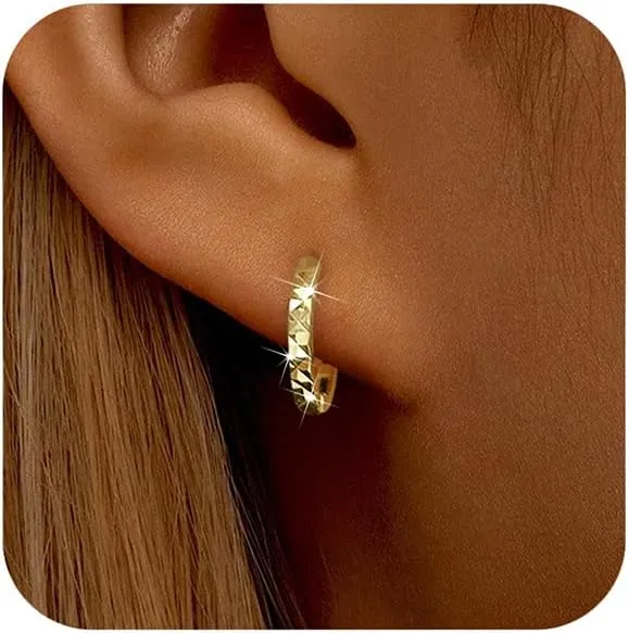 SUYACS 14K Gold Plated Diamond-cut Round Hoop Earrings for Women Dainty Irregular Huggie Earring Lightweight Hypoallergenic Earring Jewelry Birthday Wedding Gifts for Mom Wife