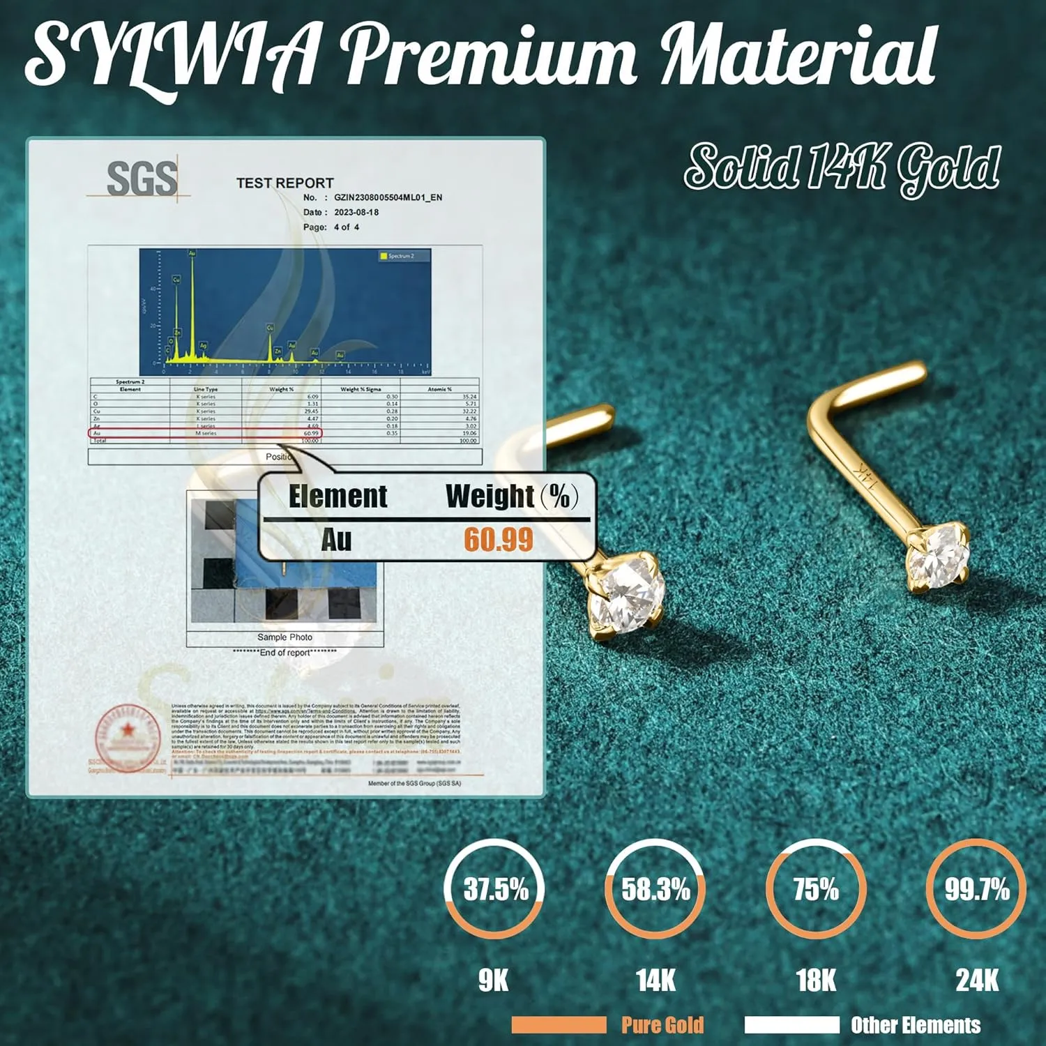 SYLWIA 14K Real Gold Nose Studs, 20g 18g L Shaped Nose Rings, Simulated Emerald Diamond CZ - 2mm 2.5mm 3mm, Hypoallergenic Corkscrew Nose Ring Piercing for Women Men