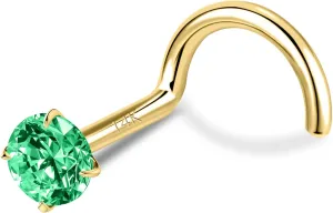 SYLWIA 14K Real Gold Nose Studs, 20g 18g L Shaped Nose Rings, Simulated Emerald Diamond CZ - 2mm 2.5mm 3mm, Hypoallergenic Corkscrew Nose Ring Piercing for Women Men