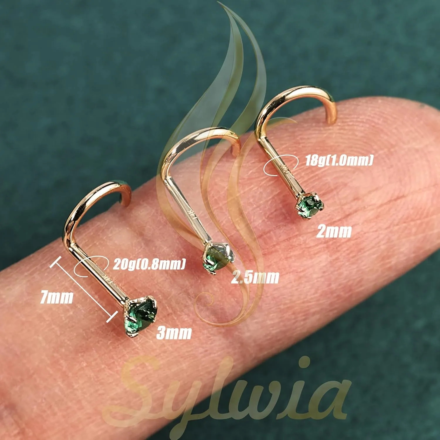 SYLWIA 14K Real Gold Nose Studs, 20g 18g L Shaped Nose Rings, Simulated Emerald Diamond CZ - 2mm 2.5mm 3mm, Hypoallergenic Corkscrew Nose Ring Piercing for Women Men