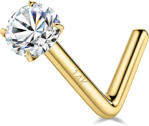 SYLWIA 14K Real Gold Nose Studs, 20g 18g L Shaped Nose Rings, Simulated Emerald Diamond CZ - 2mm 2.5mm 3mm, Hypoallergenic Corkscrew Nose Ring Piercing for Women Men