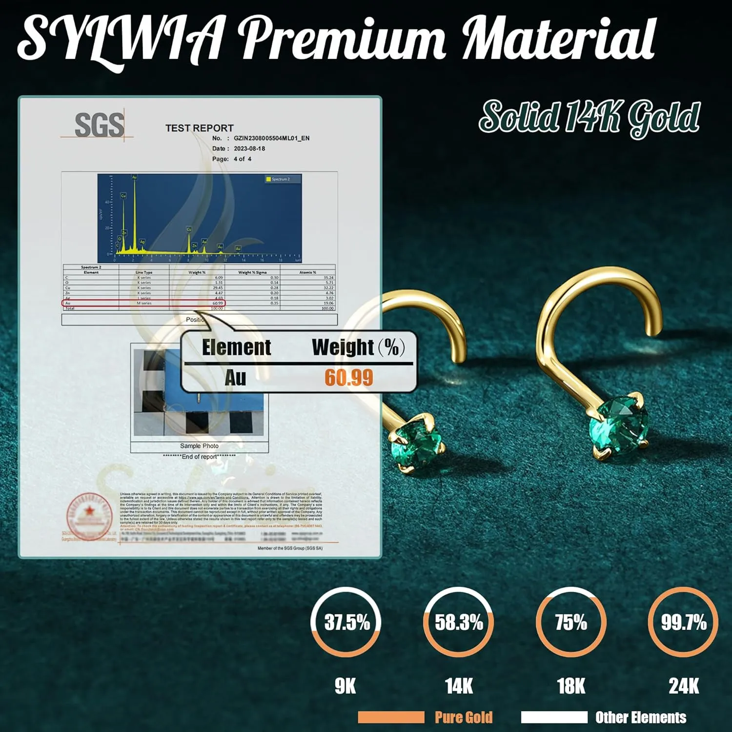 SYLWIA 14K Real Gold Nose Studs, 20g 18g L Shaped Nose Rings, Simulated Emerald Diamond CZ - 2mm 2.5mm 3mm, Hypoallergenic Corkscrew Nose Ring Piercing for Women Men