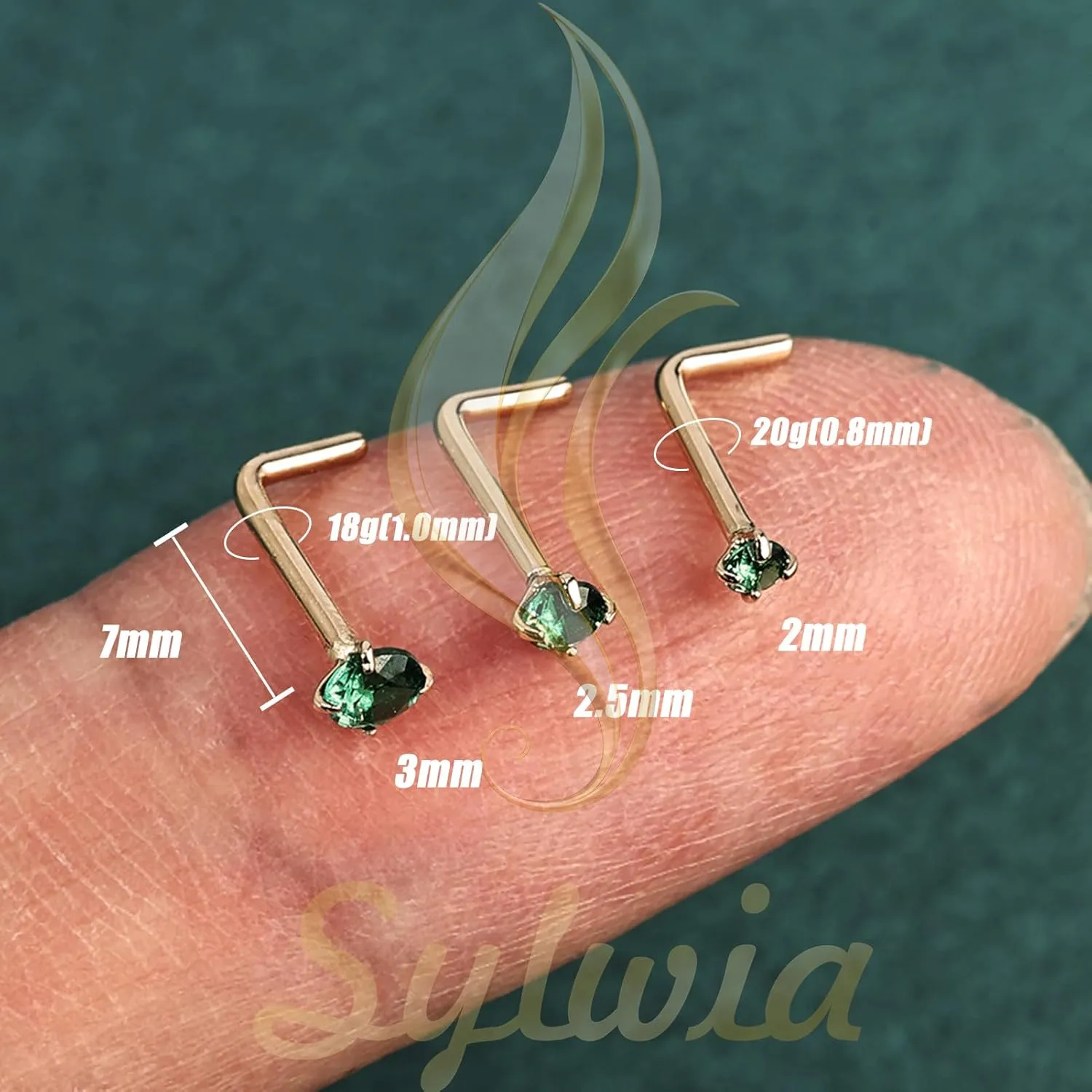SYLWIA 14K Real Gold Nose Studs, 20g 18g L Shaped Nose Rings, Simulated Emerald Diamond CZ - 2mm 2.5mm 3mm, Hypoallergenic Corkscrew Nose Ring Piercing for Women Men