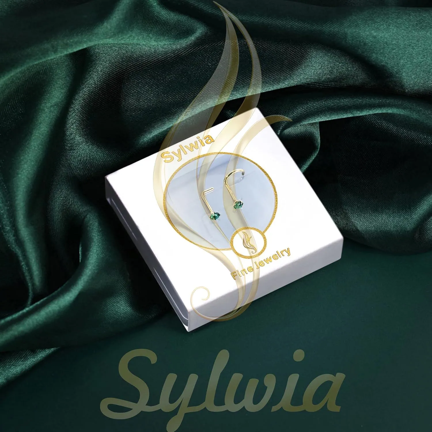SYLWIA 14K Real Gold Nose Studs, 20g 18g L Shaped Nose Rings, Simulated Emerald Diamond CZ - 2mm 2.5mm 3mm, Hypoallergenic Corkscrew Nose Ring Piercing for Women Men
