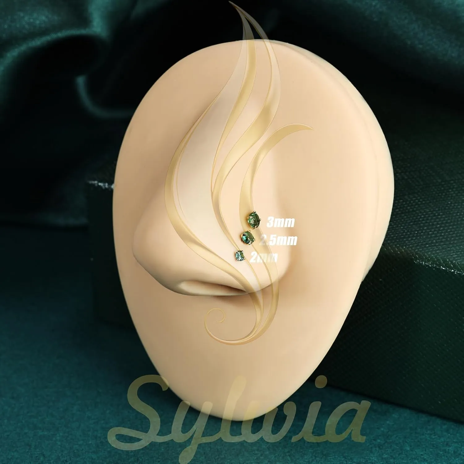 SYLWIA 14K Real Gold Nose Studs, 20g 18g L Shaped Nose Rings, Simulated Emerald Diamond CZ - 2mm 2.5mm 3mm, Hypoallergenic Corkscrew Nose Ring Piercing for Women Men