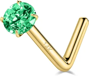 SYLWIA 14K Real Gold Nose Studs, 20g 18g L Shaped Nose Rings, Simulated Emerald Diamond CZ - 2mm 2.5mm 3mm, Hypoallergenic Corkscrew Nose Ring Piercing for Women Men