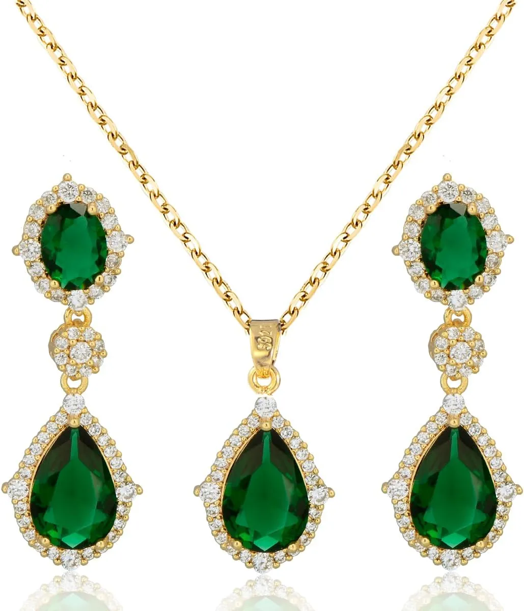 Teardrop Cubic Zirconia Jewelry Set for Women - Sterling Silver CZ Zircon Crystal Dangle Drop Earrings Pendant Necklace Set for Wedding Bridal Jewelry for Bride Bridesmaids Party Prom