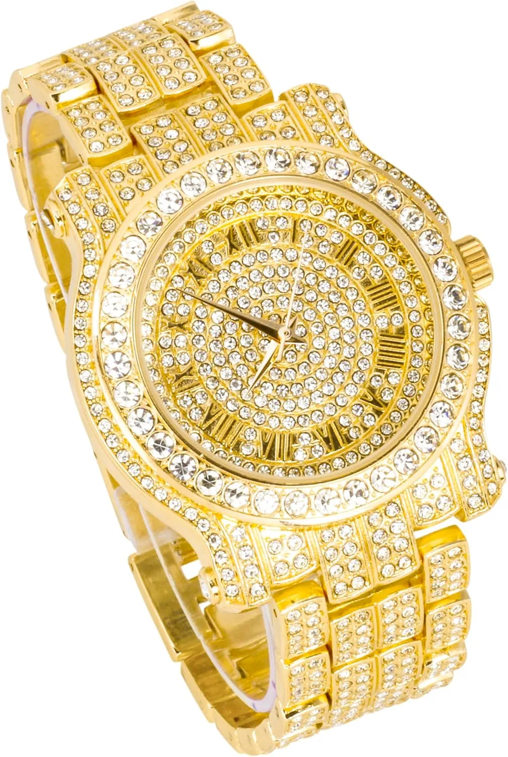 Techno Pave Men's 45mm Iced Out Roman Dial Watch & Chain Set, Quartz Movement