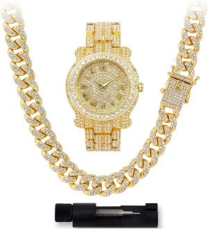 Techno Pave Men's 45mm Iced Out Roman Dial Watch & Chain Set, Quartz Movement