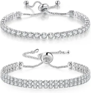 Tennis Bracelets for Women White Gold Plated Diamond AAA  Cubic Zirconia CZ Dainty Classic Adjustable Slider Bracelet Silver Fashion Jewelry Wedding Gift