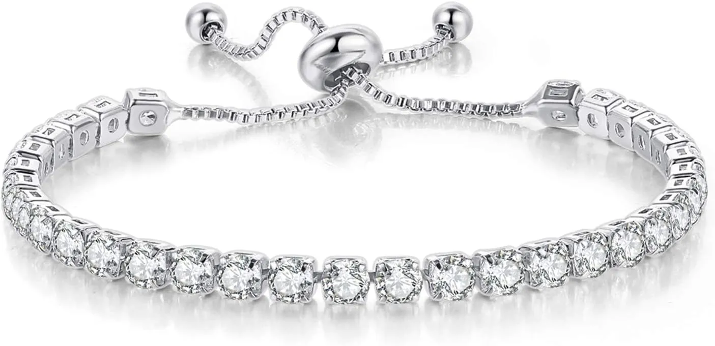 Tennis Bracelets for Women White Gold Plated Diamond AAA  Cubic Zirconia CZ Dainty Classic Adjustable Slider Bracelet Silver Fashion Jewelry Wedding Gift