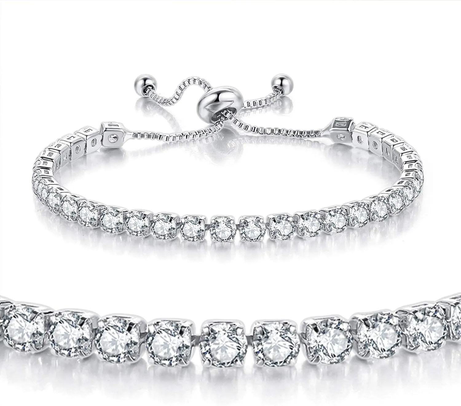 Tennis Bracelets for Women White Gold Plated Diamond AAA  Cubic Zirconia CZ Dainty Classic Adjustable Slider Bracelet Silver Fashion Jewelry Wedding Gift